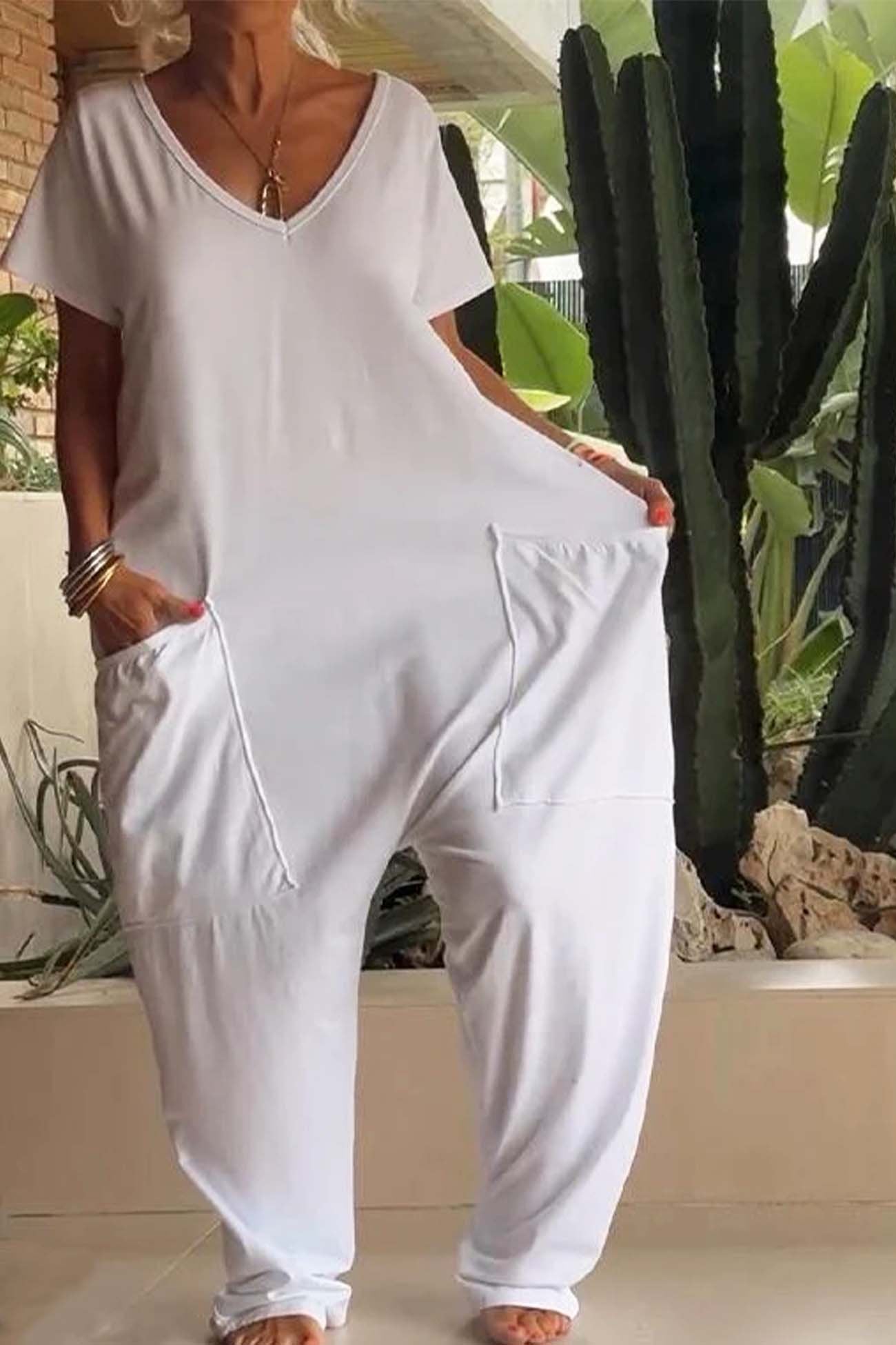 Linen Blend Jumpsuit V-Neck Short Sleeve Wide Leg Pockets - Snow White