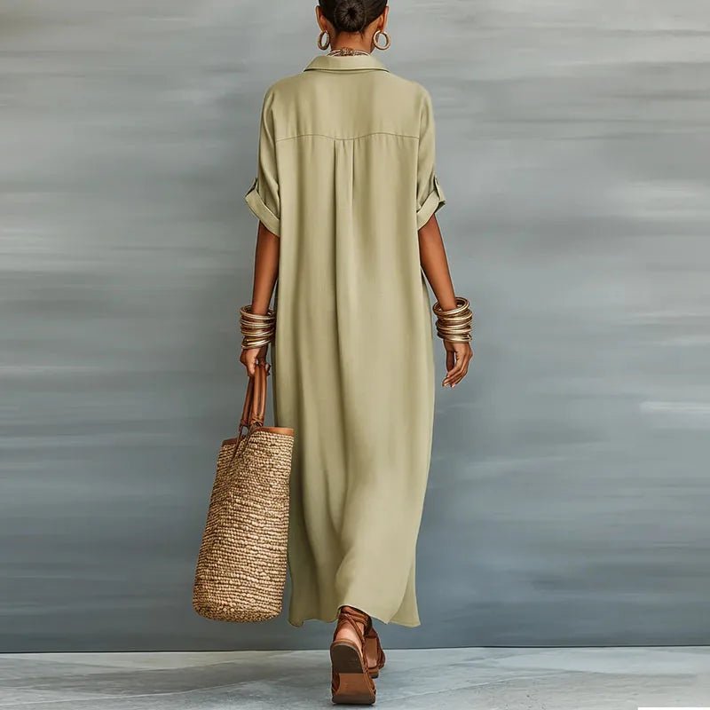 Luna | Linen Maxi Shirt Dress Button Down Short Sleeve Relaxed