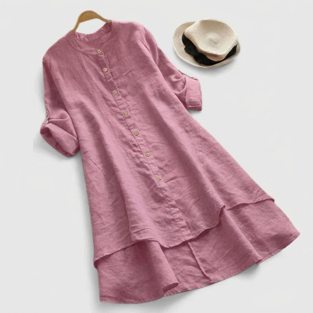 Linen Shirt Dress Button-Down Layered Hem - Light Purple