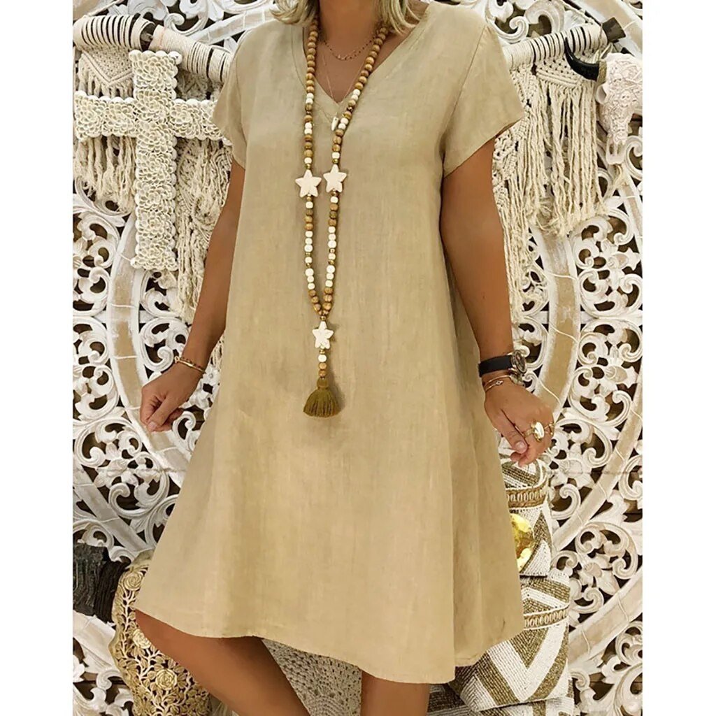Linen V-Neck A-Line Mini Dress Short Sleeve Summer - Khaki