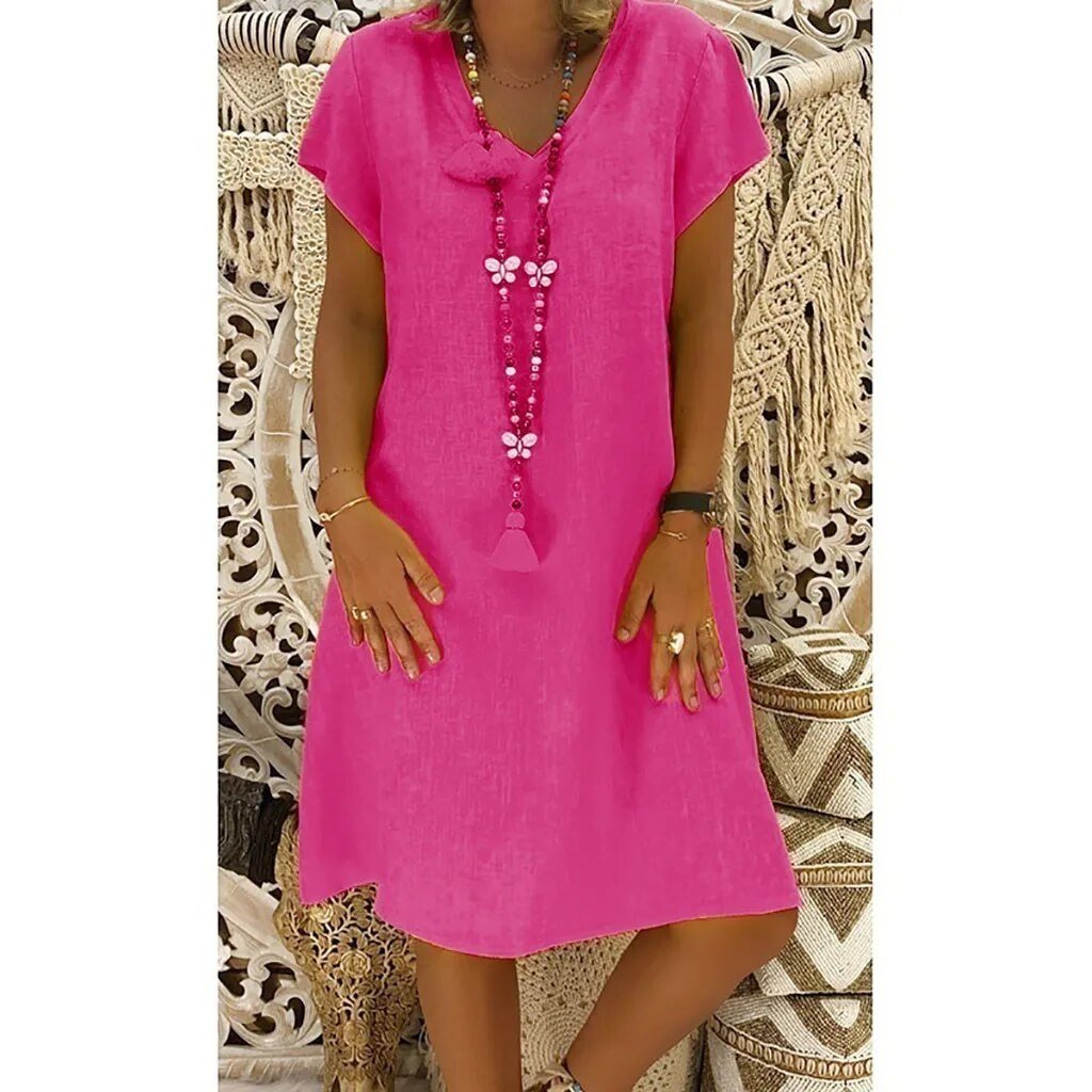 Linen V-Neck A-Line Mini Dress Short Sleeve Summer - Babyrosa