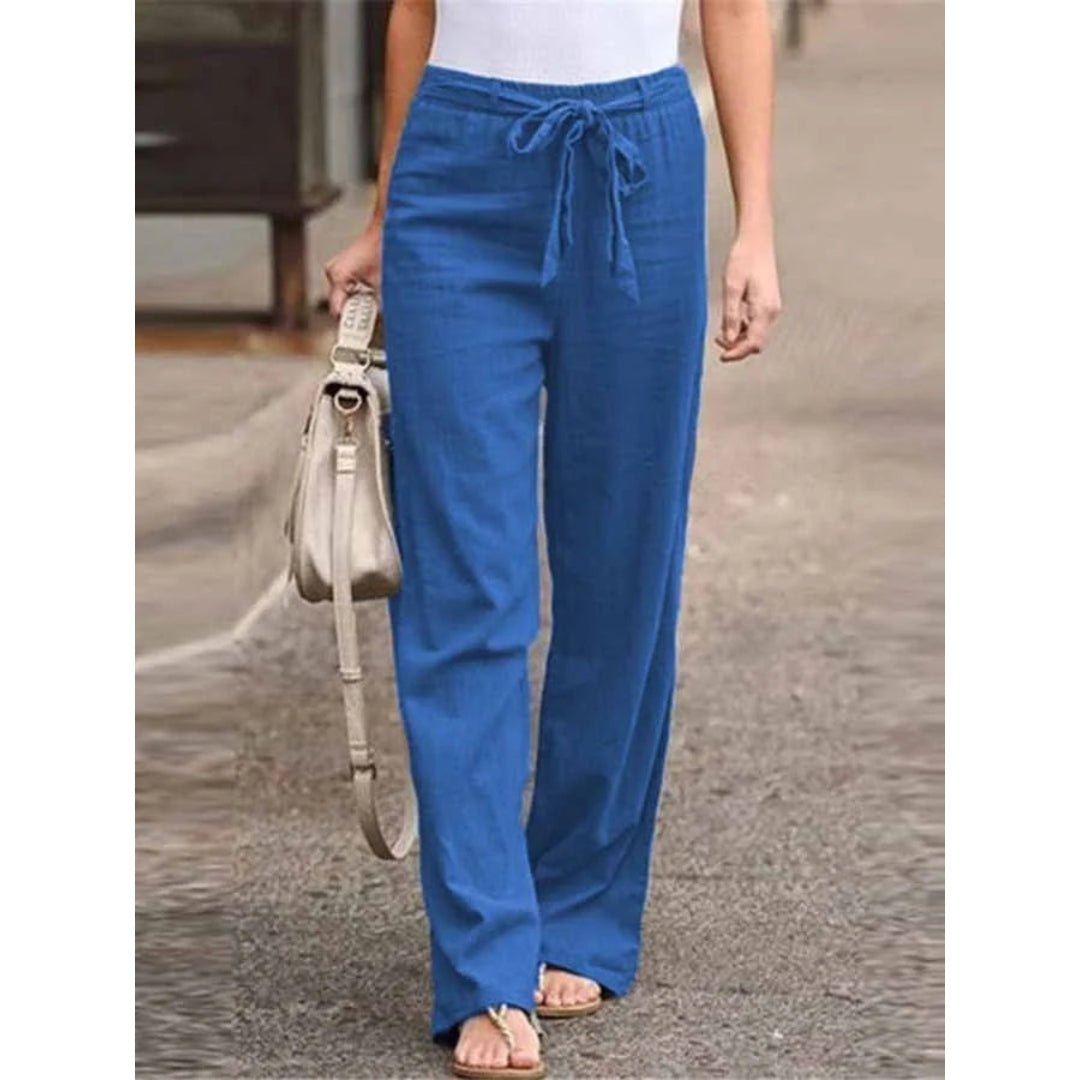 Linen Wide Leg Palazzo Pants Drawstring Waist Casual - Blue