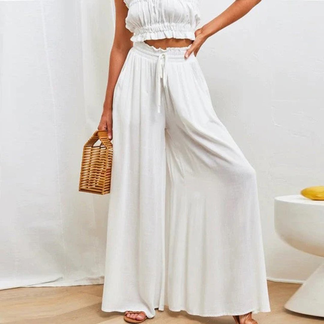 Linen Wide Leg Pants High Waist Drawstring A-Line Pockets - White