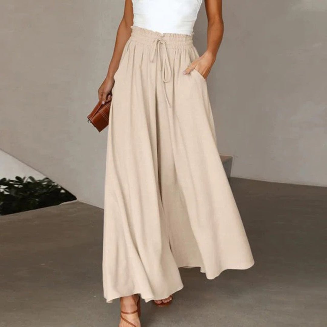 Linen Wide Leg Pants High Waist Drawstring A-Line Pockets - Beige