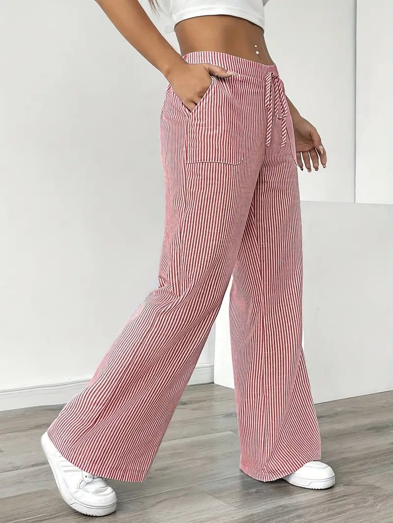 Olivia | Linen Wide Leg Striped Pants Drawstring Waist Pockets