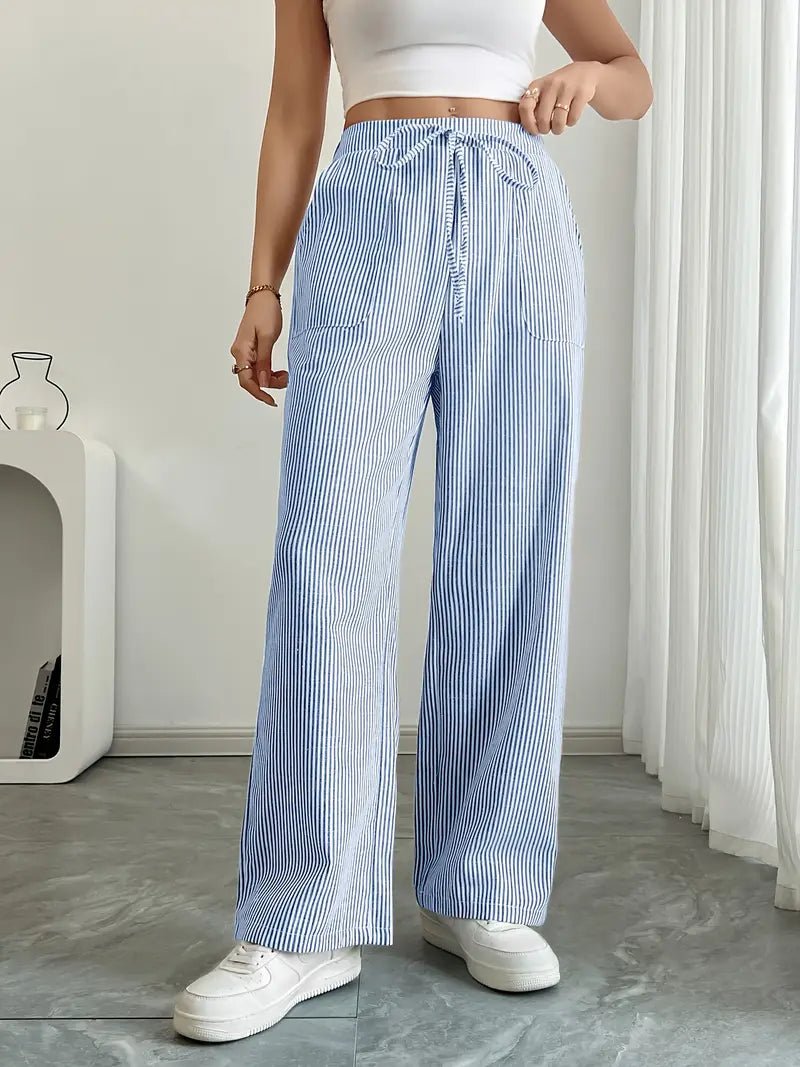 Olivia | Linen Wide Leg Striped Pants Drawstring Waist Pockets