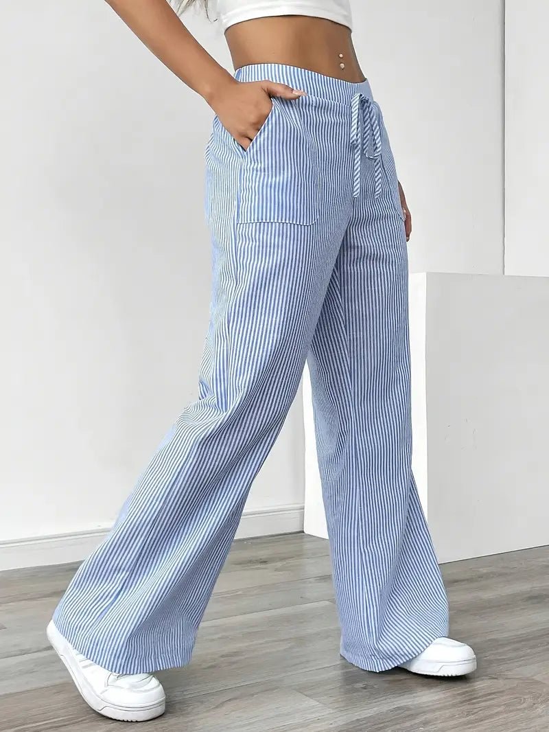 Olivia | Linen Wide Leg Striped Pants Drawstring Waist Pockets