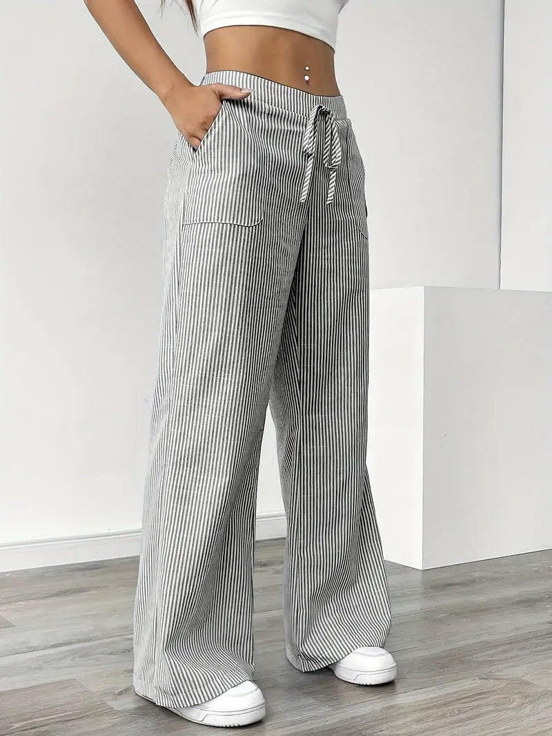 Olivia | Linen Wide Leg Striped Pants Drawstring Waist Pockets