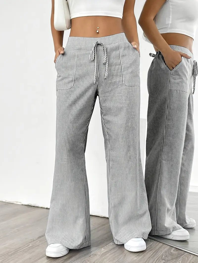 Olivia | Linen Wide Leg Striped Pants Drawstring Waist Pockets