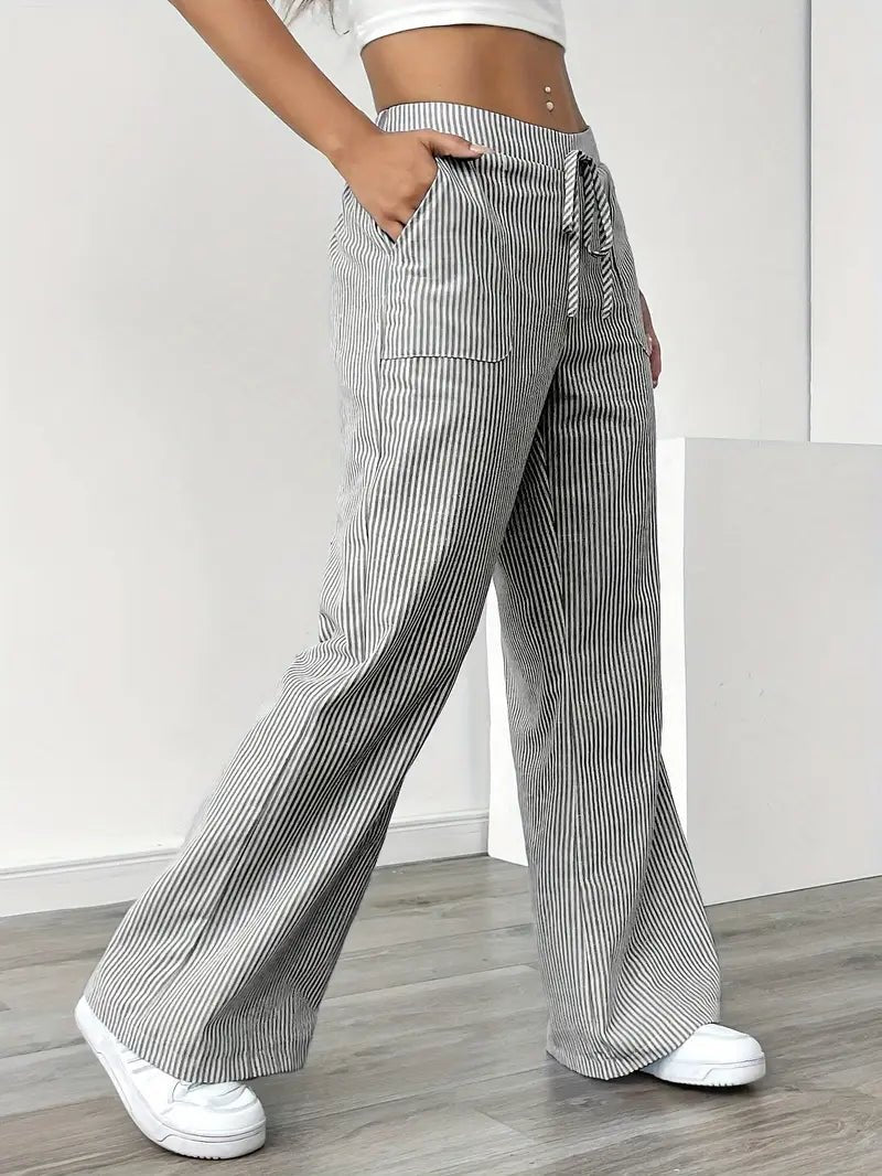 Olivia | Linen Wide Leg Striped Pants Drawstring Waist Pockets