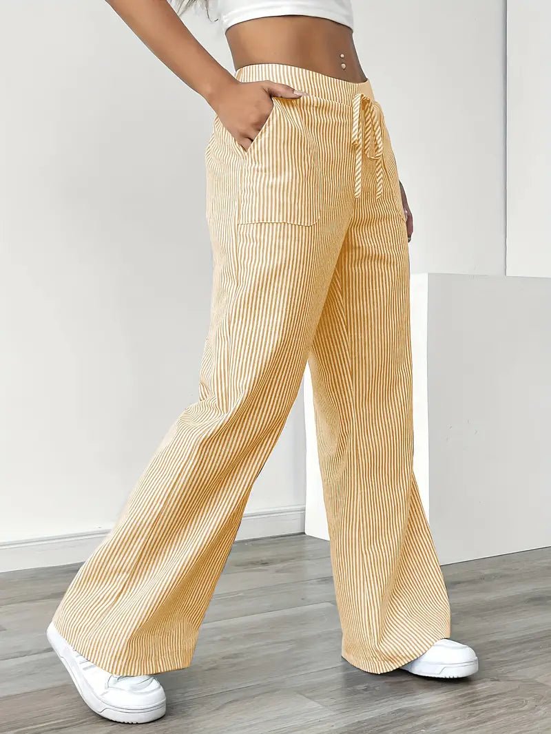 Olivia | Linen Wide Leg Striped Pants Drawstring Waist Pockets