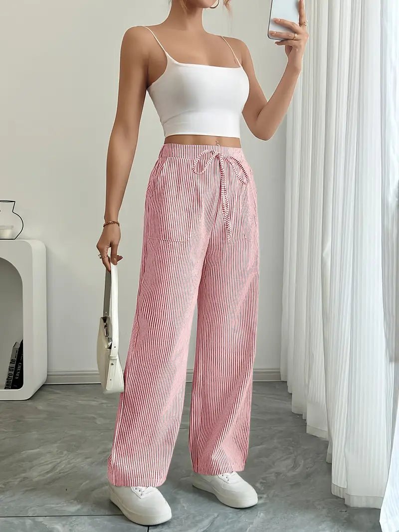 Olivia | Linen Wide Leg Striped Pants Drawstring Waist Pockets