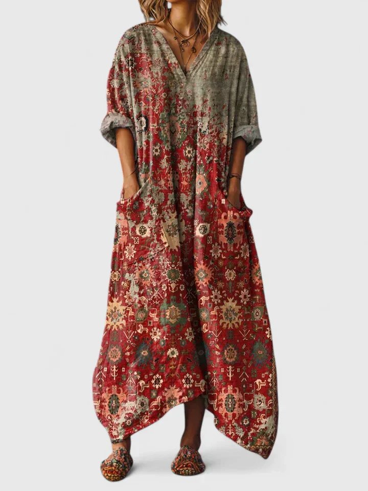 Maxi Dress Cotton Boho Paisley Print Oversized Pockets - Red