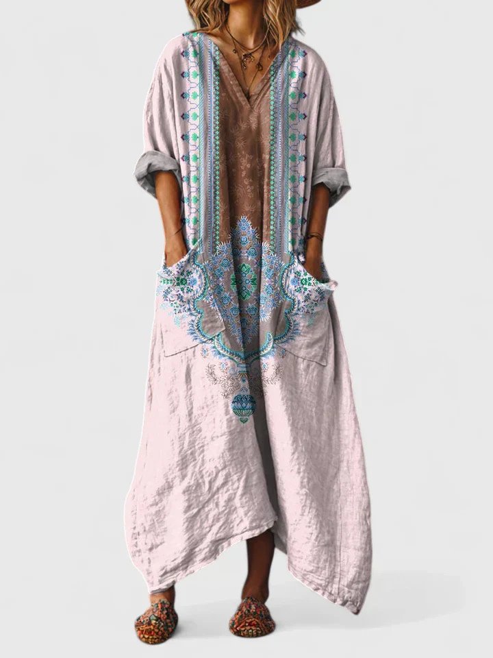 Maxi Dress Cotton Boho Paisley Print Oversized Pockets - Light Pink