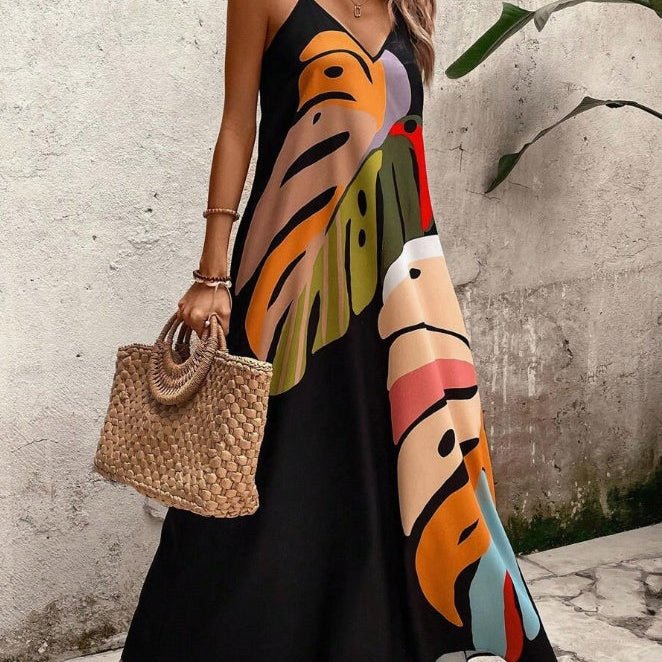 Maxi Dress Tropical Leaf Print V-Neck Sleeveless - Multicolor