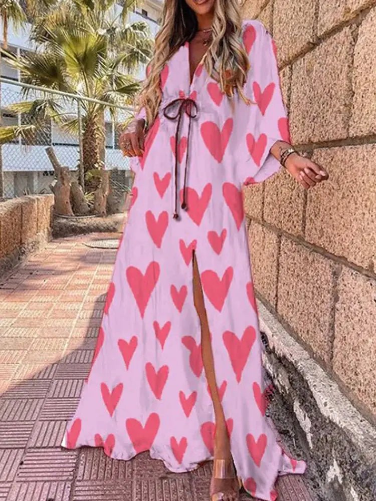 Maxi Dress V-Neck Kimono Sleeve Abstract Print Split - Rose