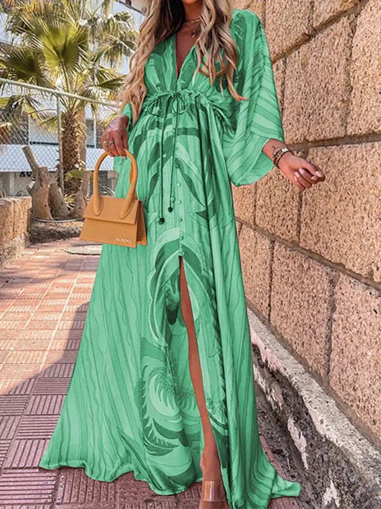 Maxi Dress V-Neck Kimono Sleeve Abstract Print Split - Green