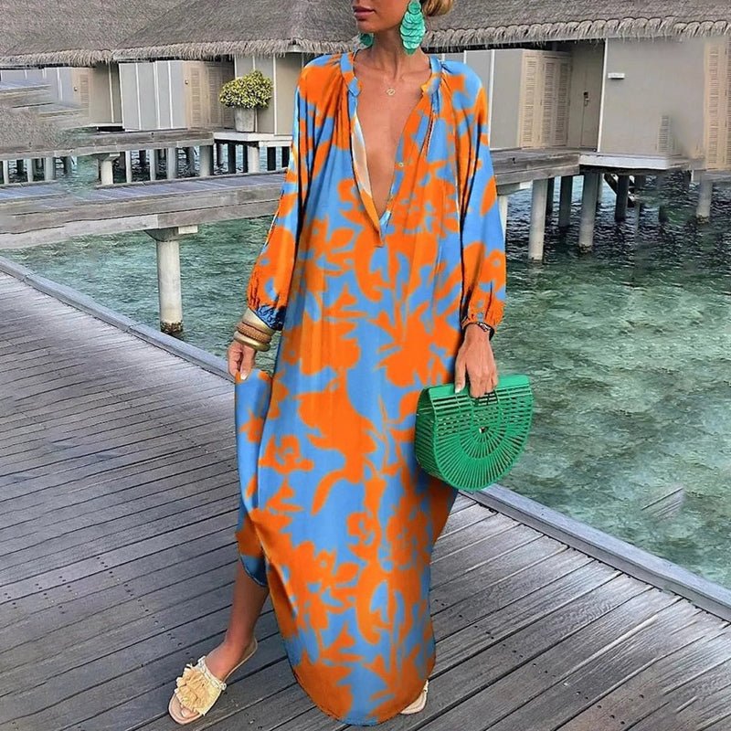 Maxi Kaftan Dress Abstract Print V-Neck Cover Up - Orange