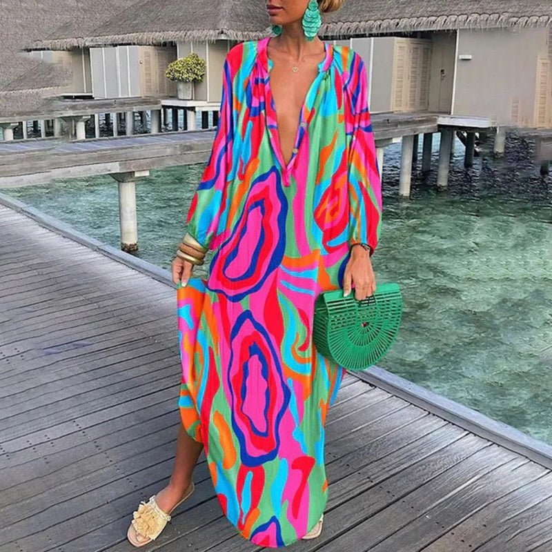 Maxi Kaftan Dress Abstract Print V-Neck Cover Up - Pink