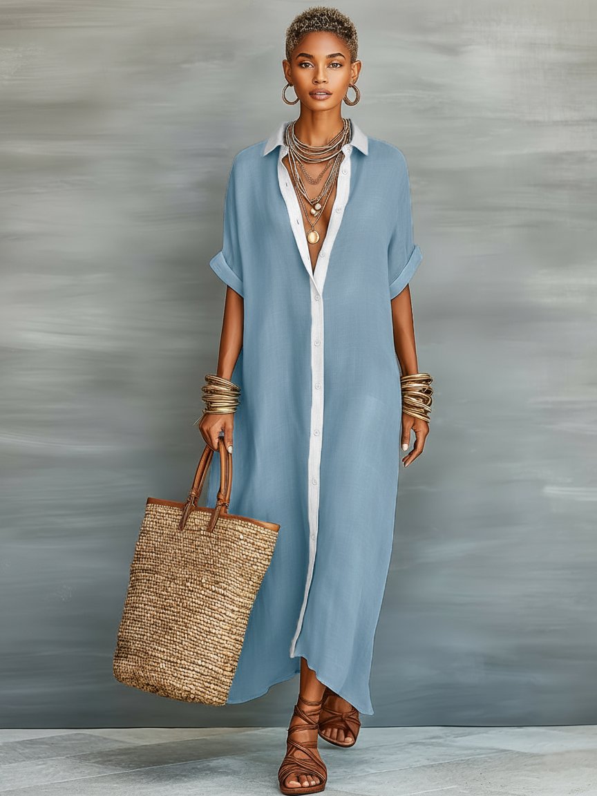 Maxi Shirt Dress Linen Blend Short Sleeve Minimalist - Blue