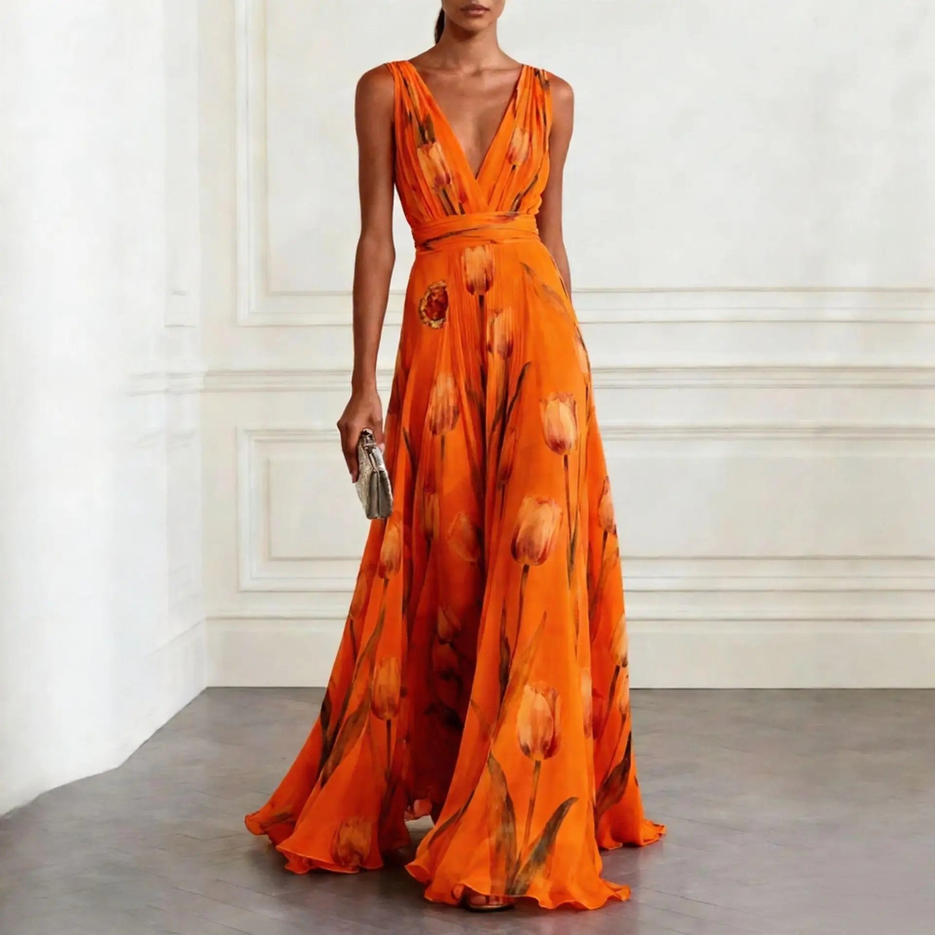 Maxi Wrap Dress Deep V-Neck Chiffon Sleeveless Floor Length - Orange