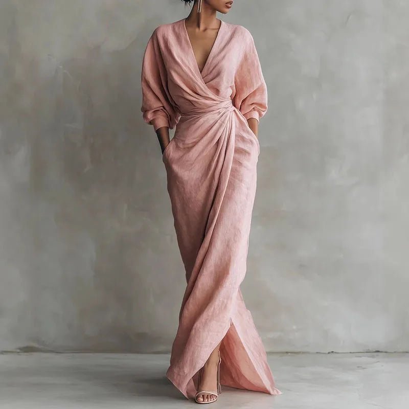 Maxi Wrap Dress Deep V-Neck Long Sleeve Bodycon - Pink