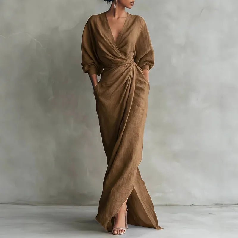 Maxi Wrap Dress Deep V-Neck Long Sleeve Bodycon - Brown