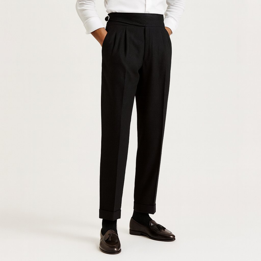 Men's High-Waisted Pleated Drawstring Straight-Leg Pants - Black