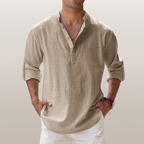 Men's Linen Long Sleeve Grandad Collar Shirt - Khaki