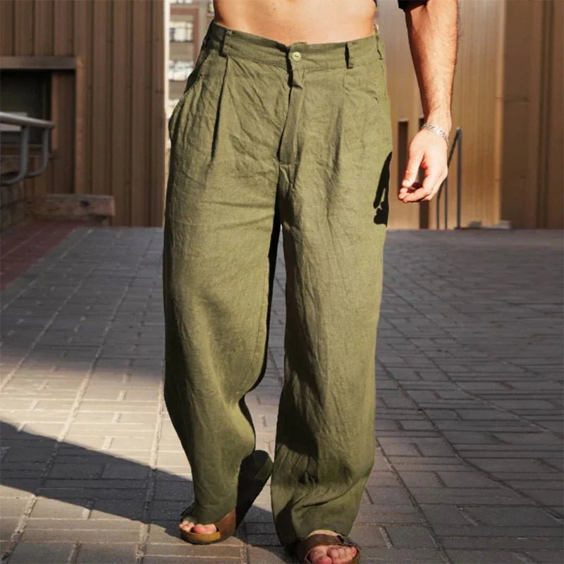 Men's Linen Wide-Leg Pants Pleated Relaxed Fit Summer - Olive