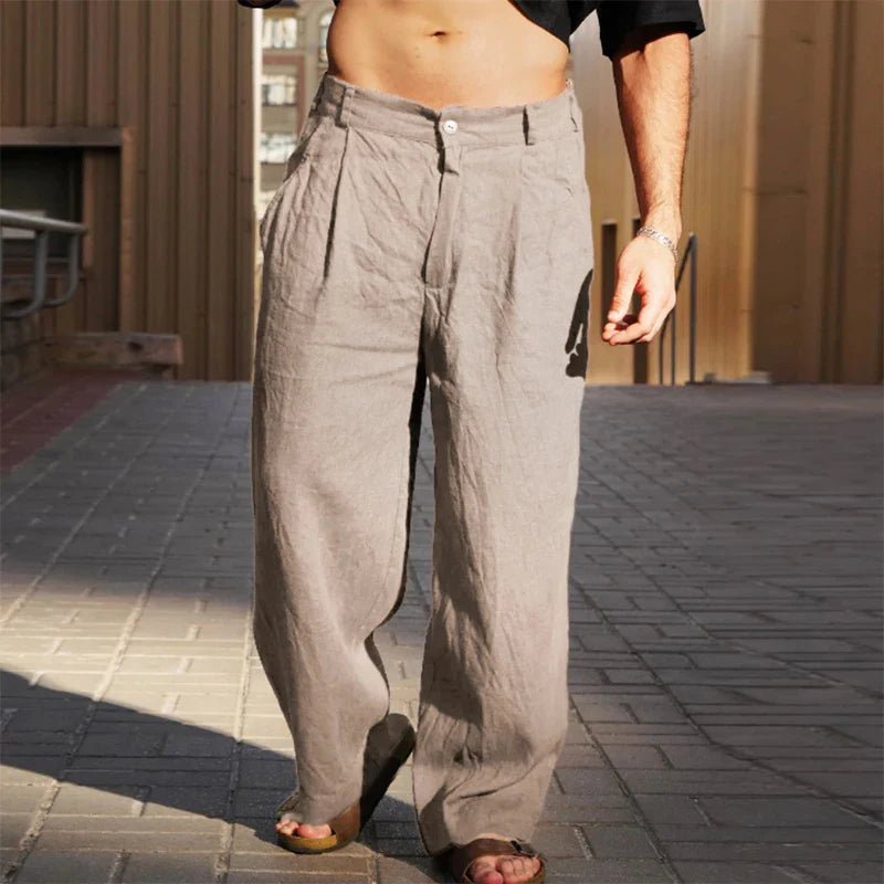 Men's Linen Wide-Leg Pants Pleated Relaxed Fit Summer - Khaki