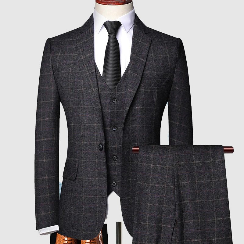 Men's Tailored Three-Piece Windowpane Check Suit - Black