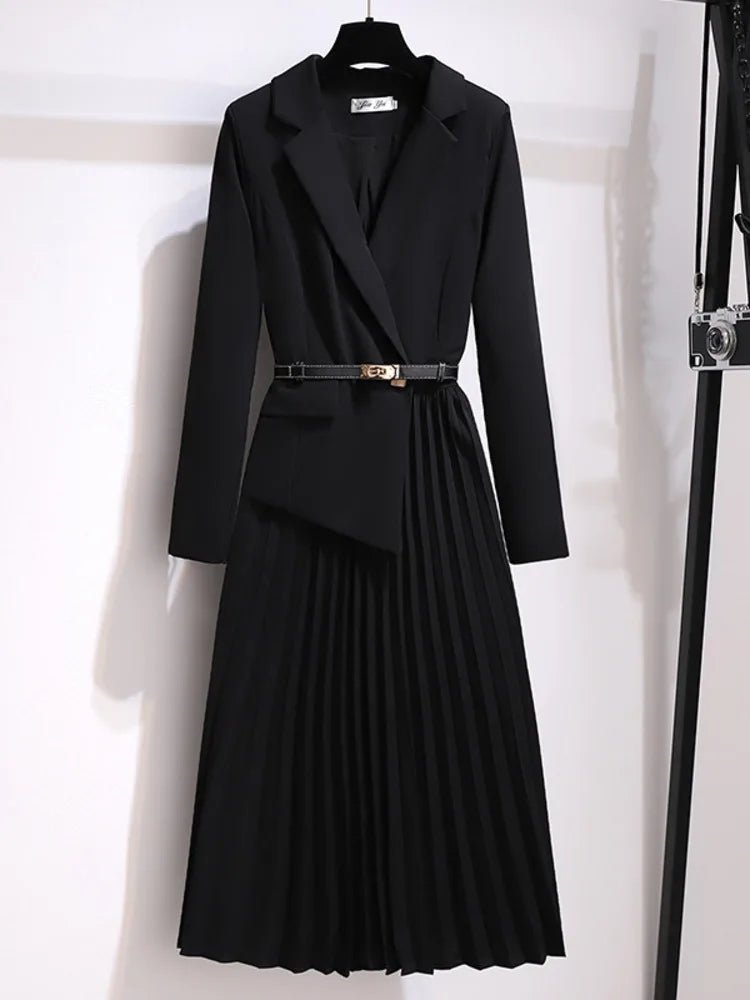 Midi Dress Blazer Style Belted Pleated - Black