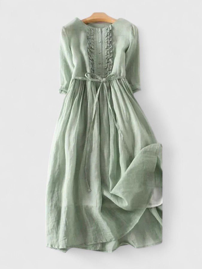 Midi Dress Lace-Up Back Cotton Linen Three Quarter Sleeve - Green