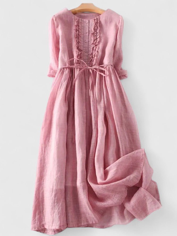 Midi Dress Lace-Up Back Cotton Linen Three Quarter Sleeve - Pink