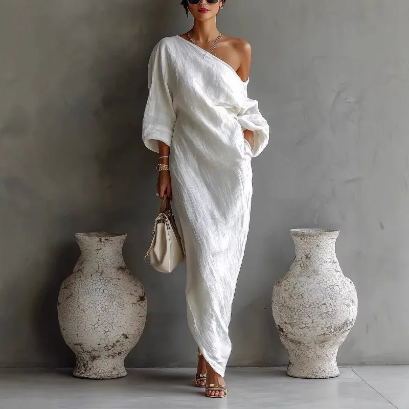 One Shoulder Linen Maxi Dress Asymmetrical Relaxed Fit - White