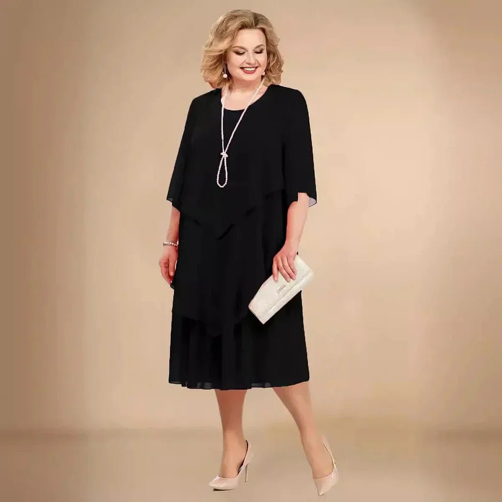 Plus Size Chiffon Dress Layered Asymmetrical Knee Length - Black