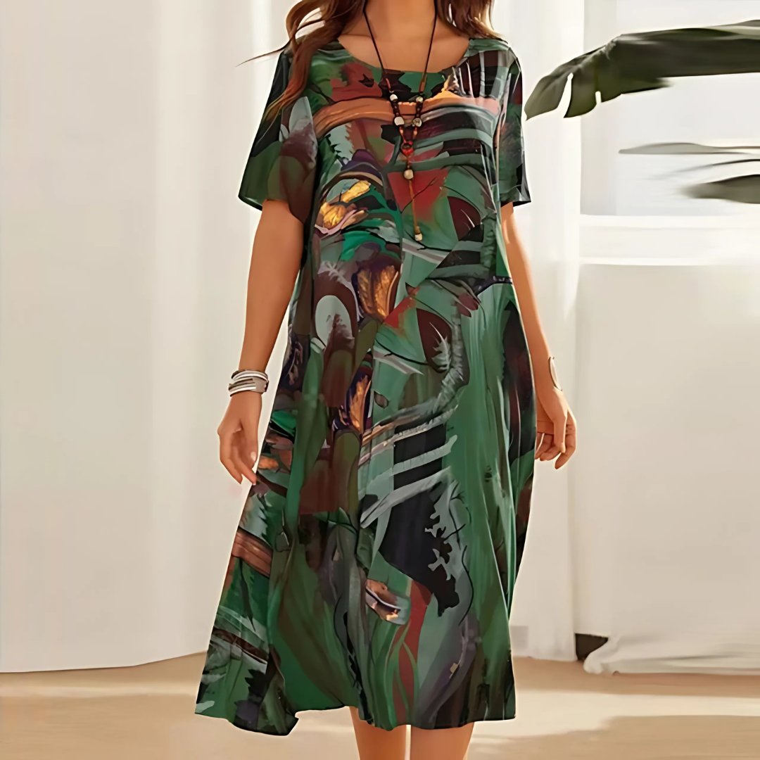 Plus Size Maxi Dress Short Sleeve Abstract Print Casual - Green