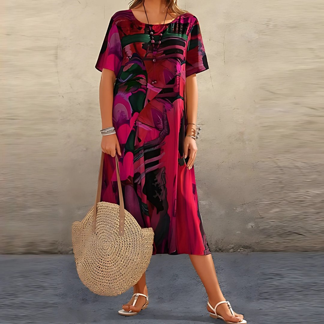 Plus Size Maxi Dress Short Sleeve Abstract Print Casual - Red
