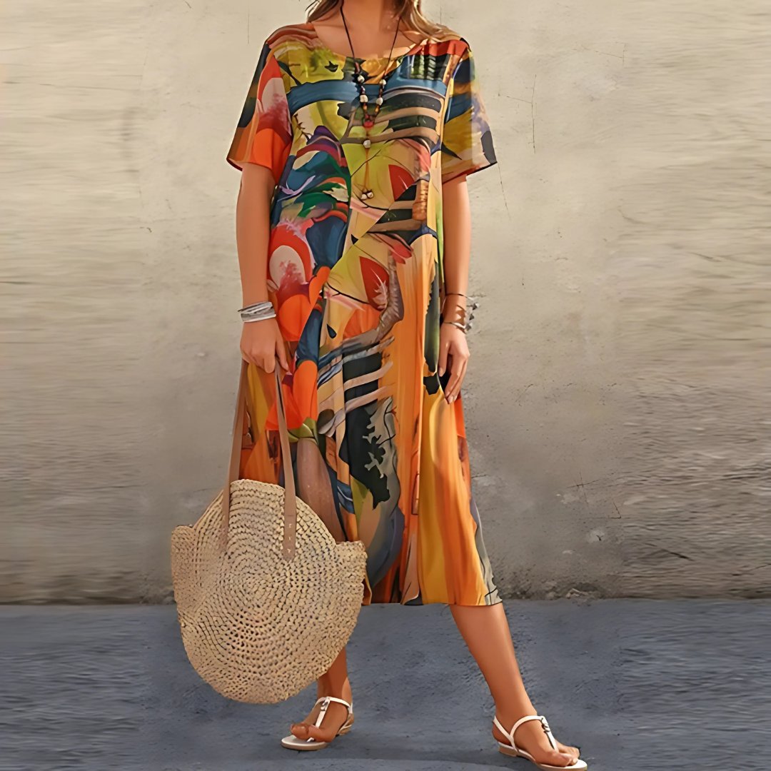 Plus Size Maxi Dress Short Sleeve Abstract Print Casual - Orange