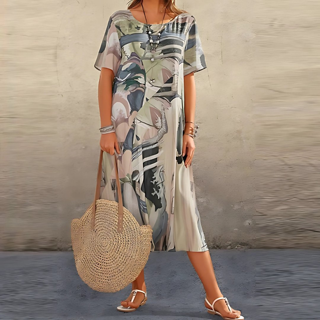 Plus Size Maxi Dress Short Sleeve Abstract Print Casual - Grey