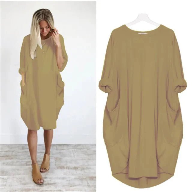 Plus Size Midi Dress with Pockets Oversized Casual Comfort - Khaki