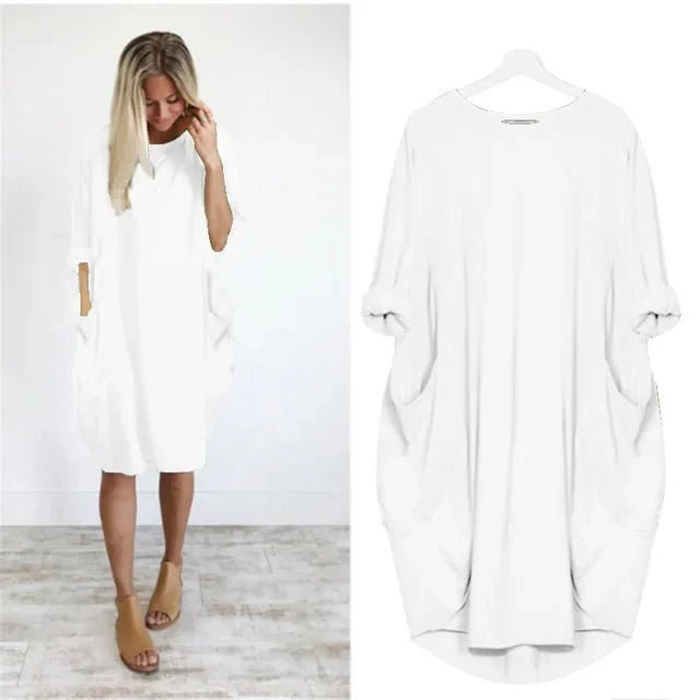 Plus Size Midi Dress with Pockets Oversized Casual Comfort - White