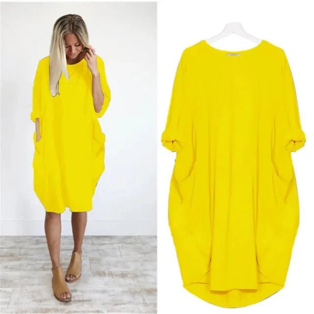Plus Size Midi Dress with Pockets Oversized Casual Comfort - Yellow