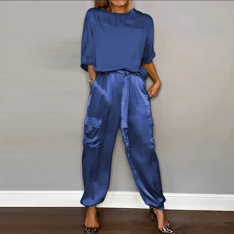 Plus Size Two Piece Set Cargo Pants Drawstring Utility - Blue