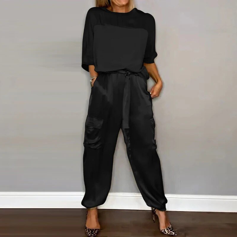 Plus Size Two Piece Set Cargo Pants Drawstring Utility - Black