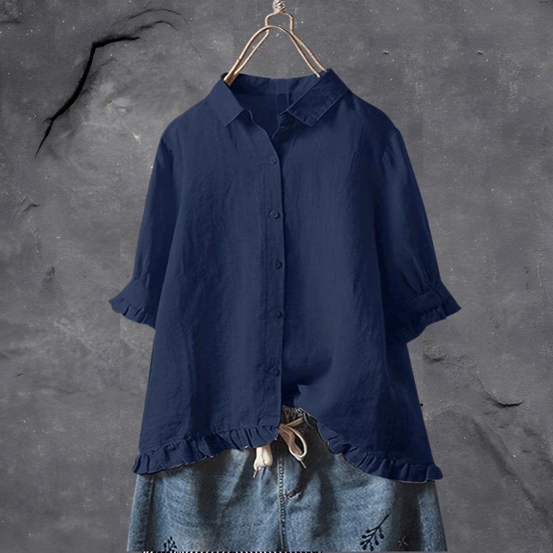 Plus Size Women's Blouse Button Front Collared Ruffle Hem - Dark Blue