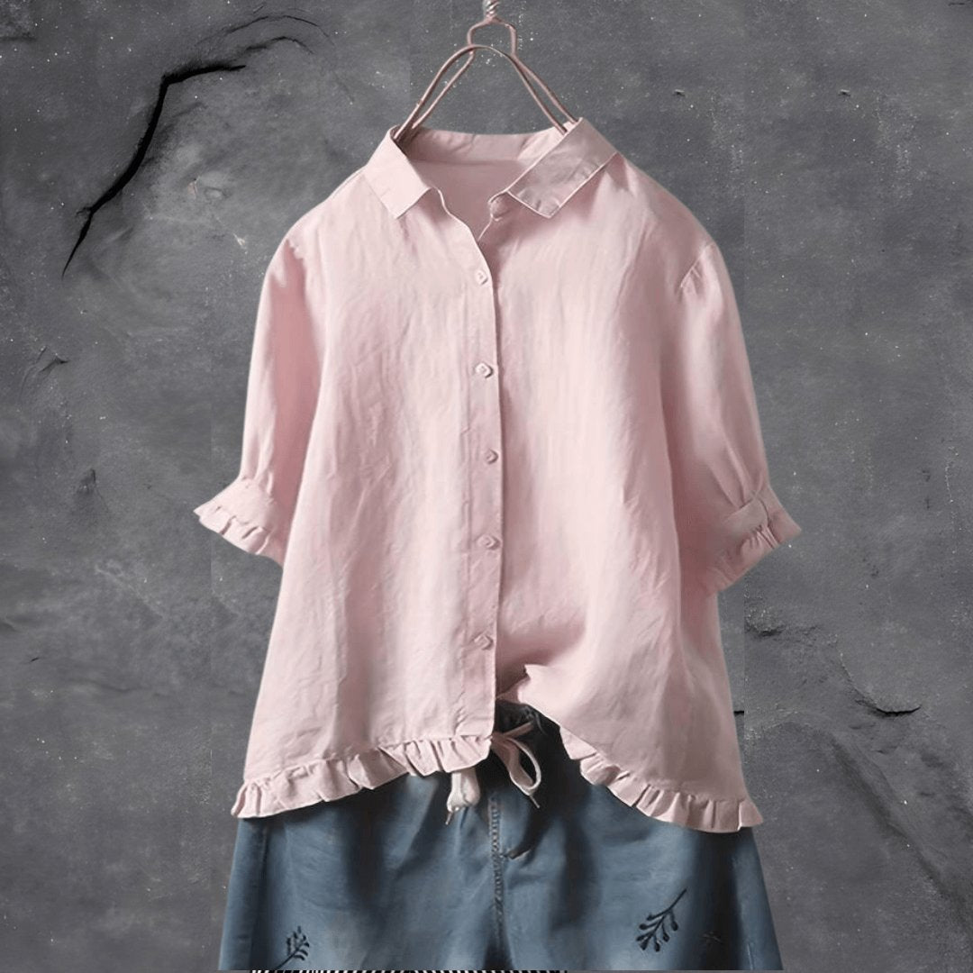 Plus Size Women's Blouse Button Front Collared Ruffle Hem - Pink
