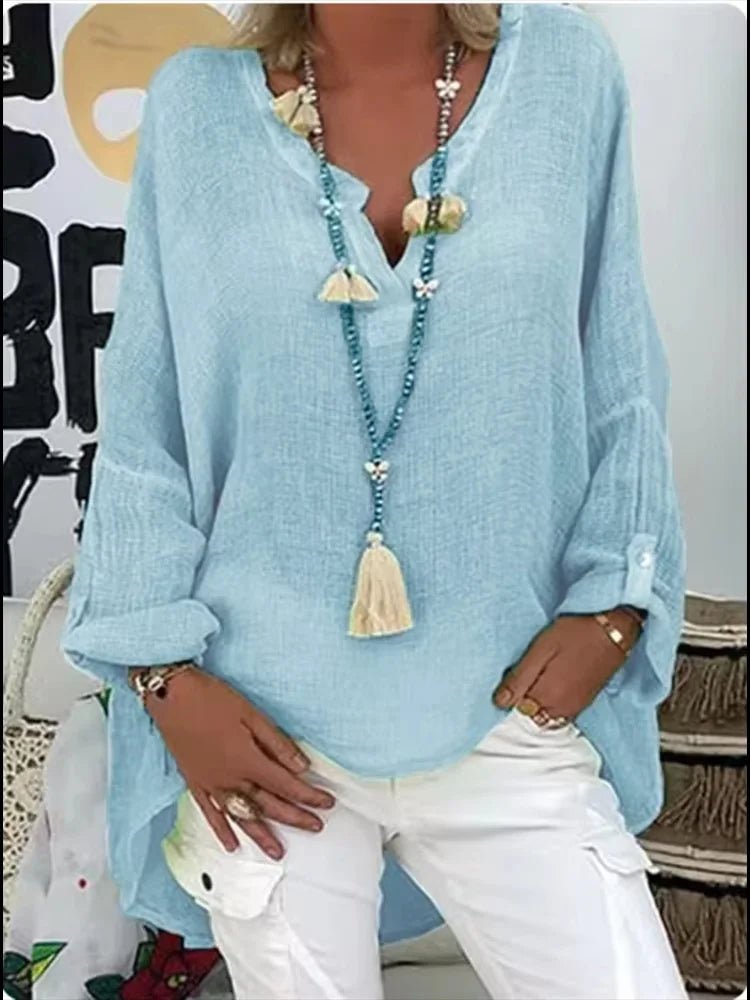 Plus Size Women's V-Neck Blouse Long Sleeve Relaxed Fit - Blue