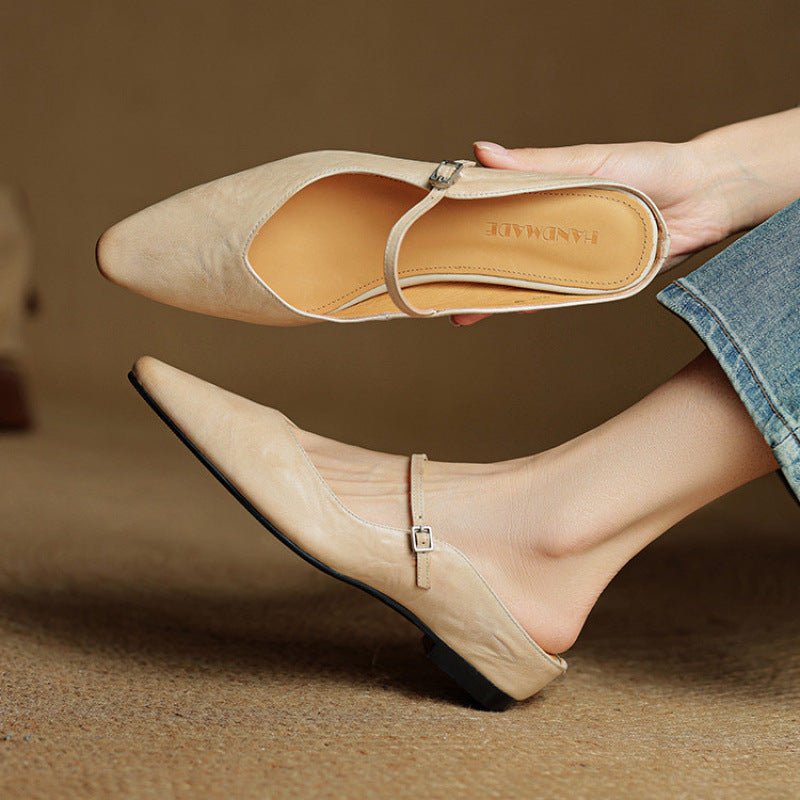 Pointed Toe Mules Genuine Leather Mary Jane Strap - Beige